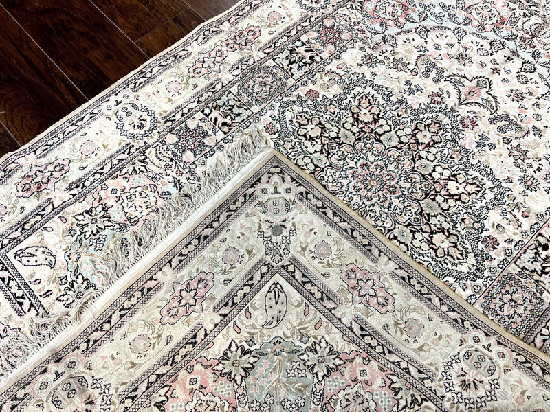 Silk Indian Kashmiri Rug 4x6, Handmade, Ivory, Fine 240 KPSI by Jewel Rugs