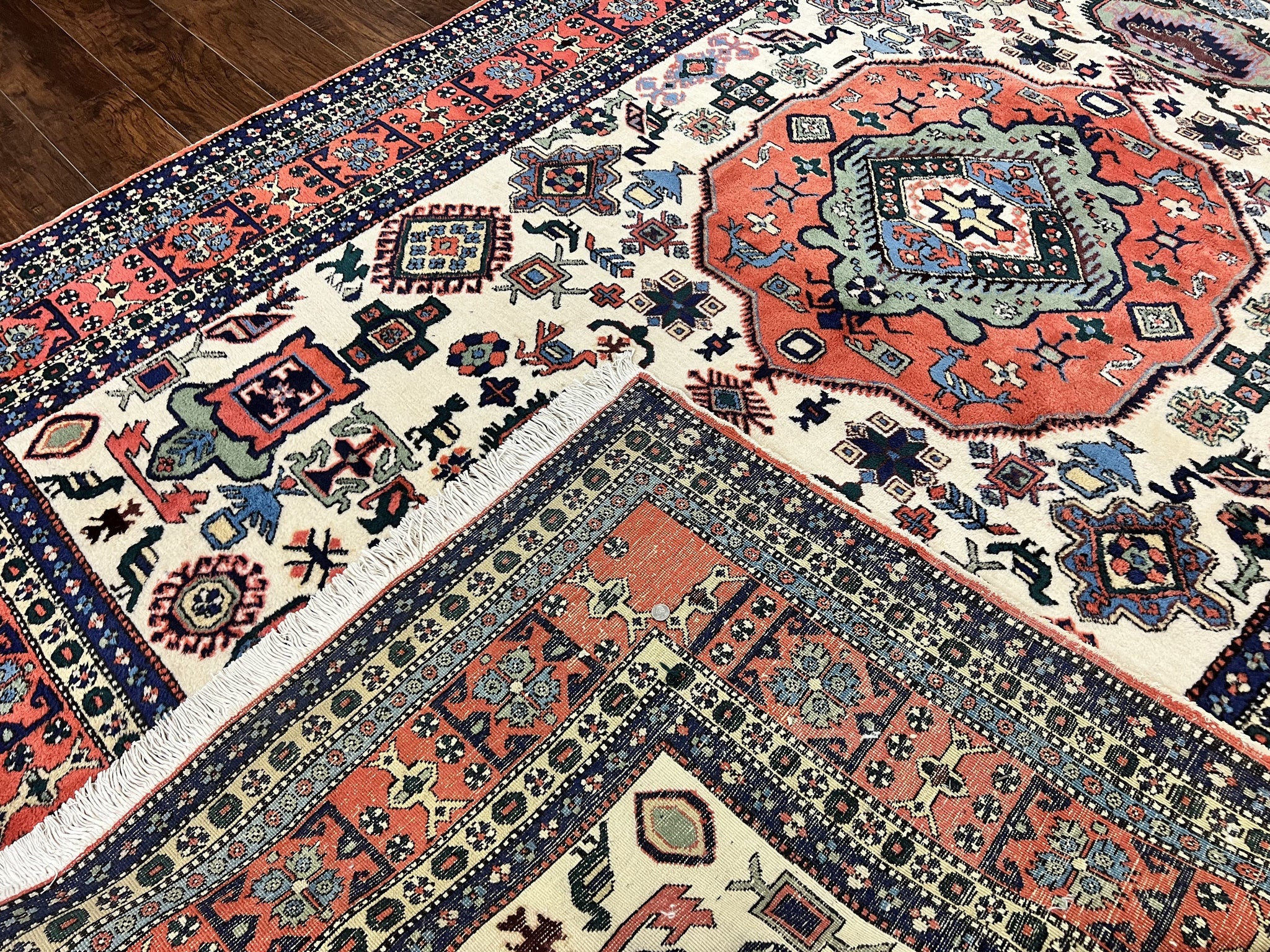Persian Tribal Rug 8x11, Persian Ardabil Rug, Geometric Medallion Animal Pictorial Rug, Ivory Red Blue, Hand Knotted Vintage Wool Carpet by Jewel Rugs