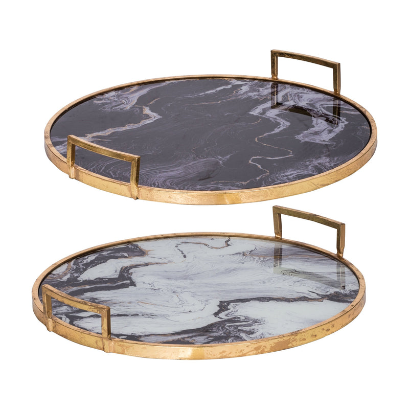 S/2 Round Decorative Tray with Abstract Marbled Design by HouseOfZazla