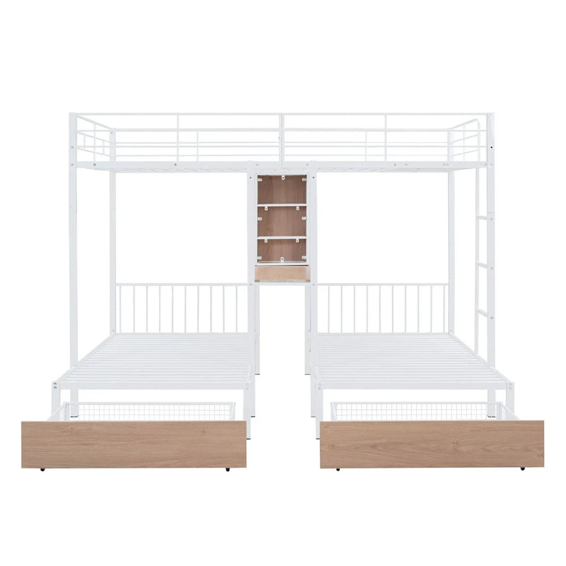 Triple Bunk Bed With Drawers, Multi-Functional Frame With Desks And Shelves In The Middle by Unique Piece Furniture