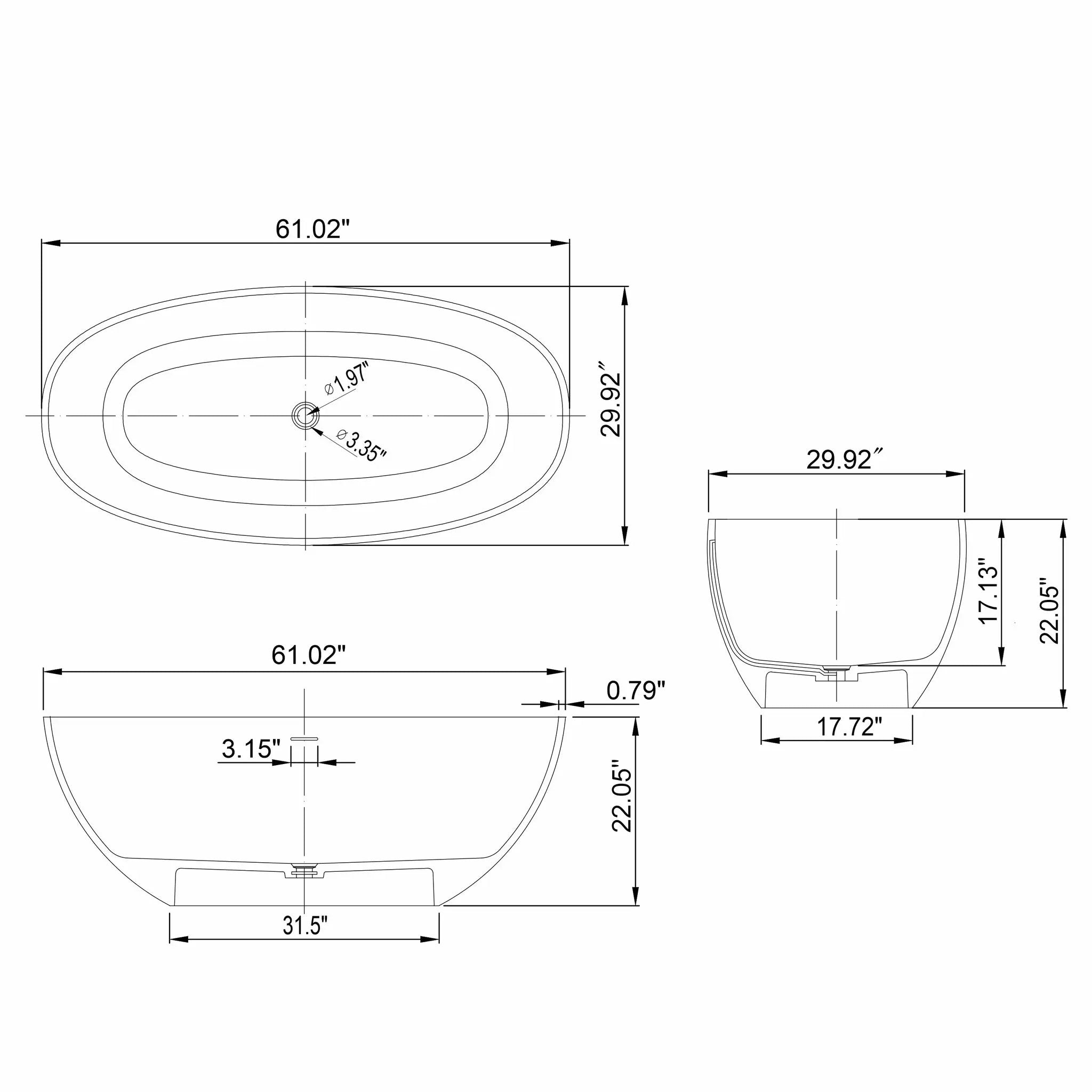 61 Inch Small Size Artificial Stone Solid Surface Freestanding Bathroom Bathtub by HouseOfZazla