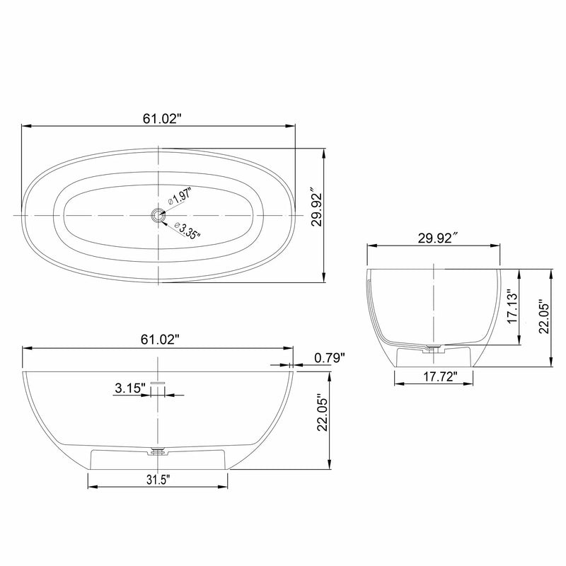 61 Inch Small Size Artificial Stone Solid Surface Freestanding Bathroom Bathtub by HouseOfZazla