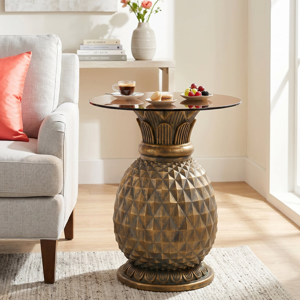 Yellow Pineapple Side Table with Tempered Glass Top, photo 3 of 10