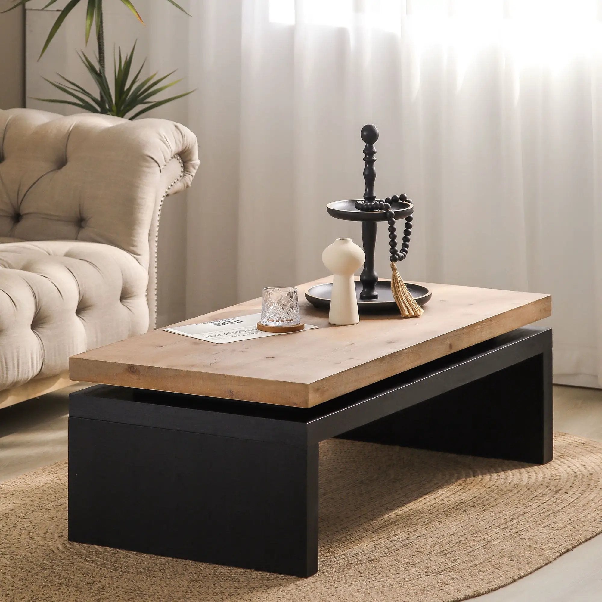 Coffee Table Rectangular Center Table For Living Room - Black / Natural / Multi / Natural Multi / Natural Wood / Natural Wood Wash by Unique Piece Furniture