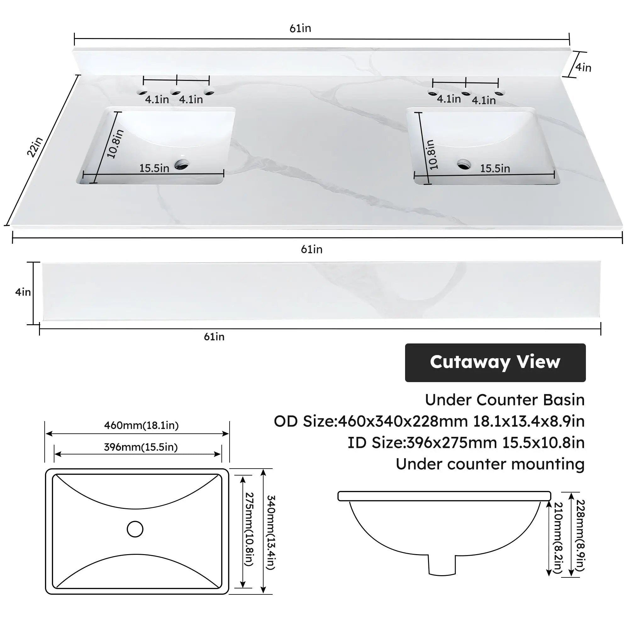 61-Inch Quartz Double Bathroom Vanity Top by HouseOfZazla