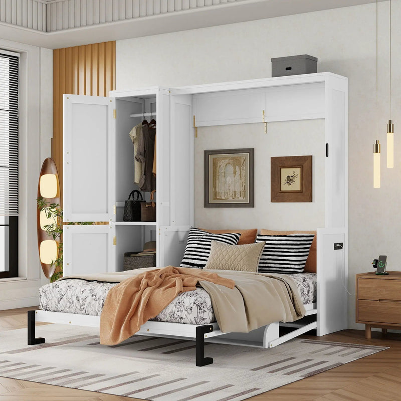 Queen Size Murphy Bed With Wardrobe, Space-Saving Hidden Wall Bed With Desk And Charging Station - White by Unique Piece Furniture