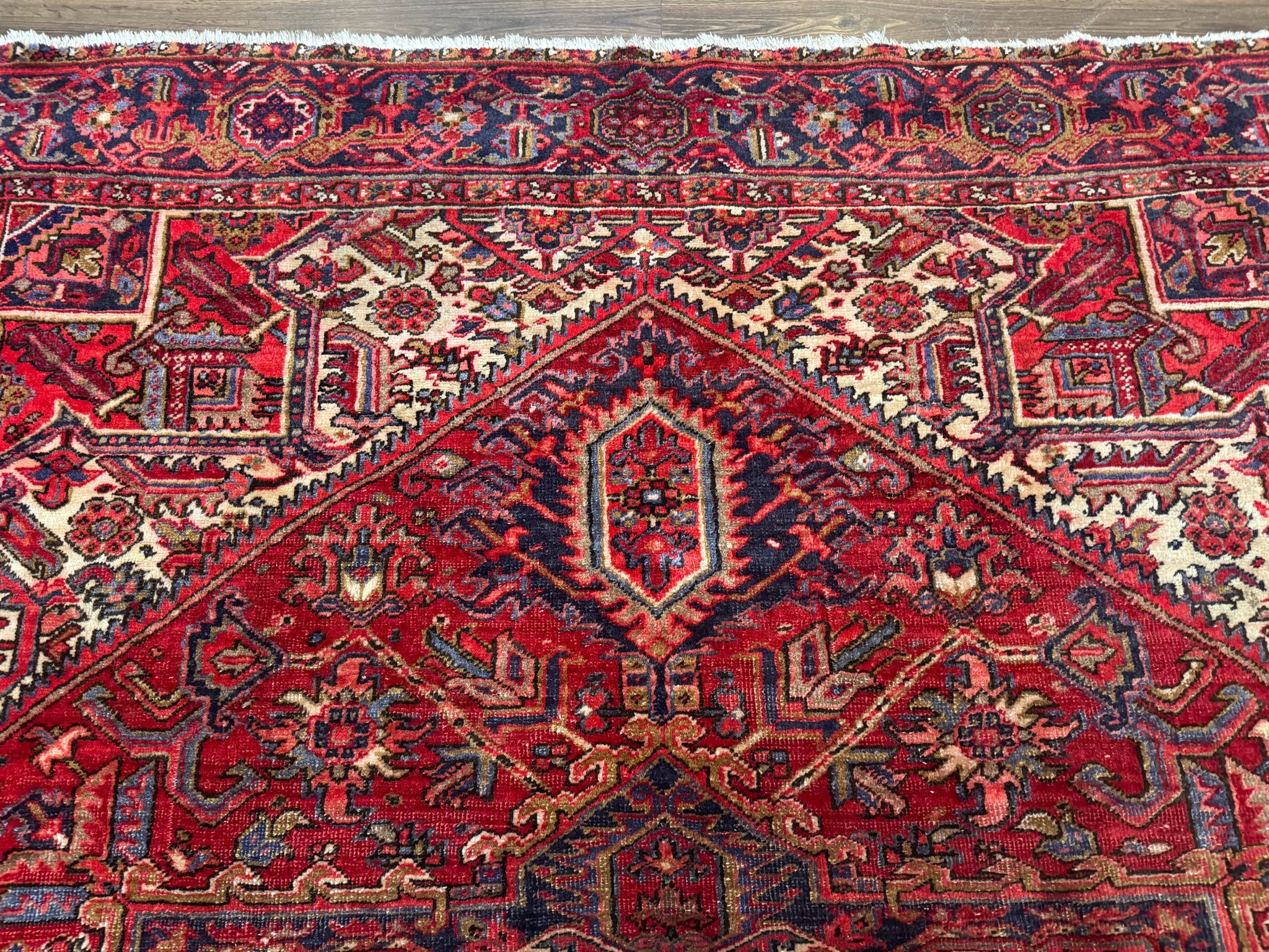 Persian Heriz Rug 7x10, Geometric Pattern, Red Ivory Navy Blue by Jewel Rugs