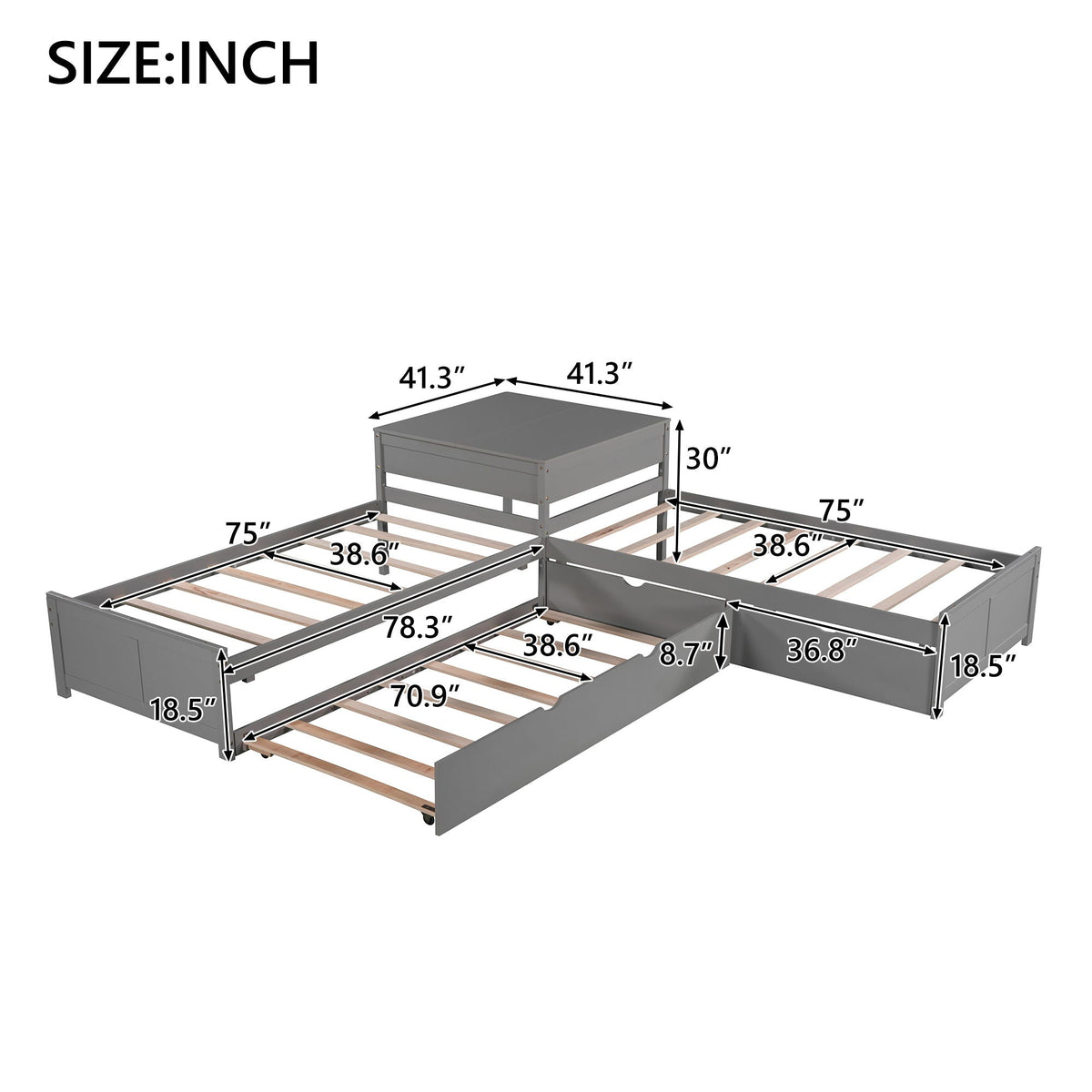 L Shaped Platform Bed With Trundle And Drawers Linked With Built In Desk, photo 20 of 21