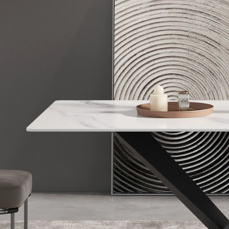 63" Modern Artificial Stone Straight Edge Metal X-Leg Dining Table, 6 People - White / Black by HouseOfZazla