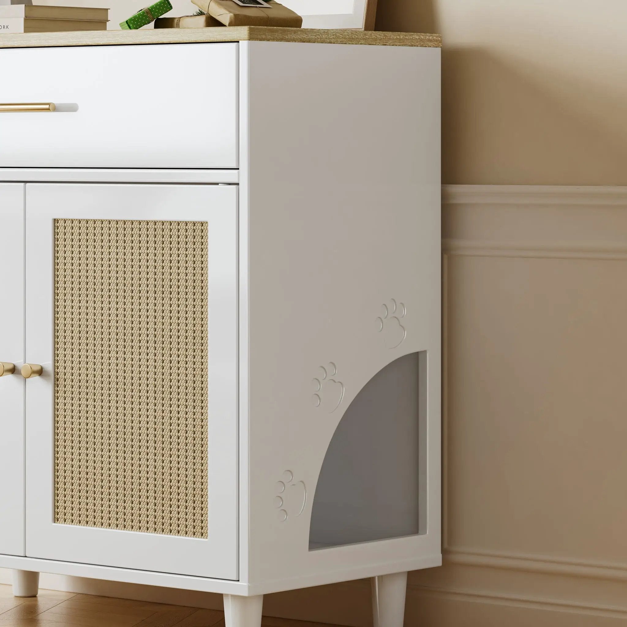 Cat Litter Box Enclosure With Scratch Pad, Hidden Litter Box Furniture, Wooden Pet House Sideboard, Storage Cabinet, Fit Most Cat And Litter Box, For Living Room Bedroom Office - White / Light Brown by HouseOfZazla