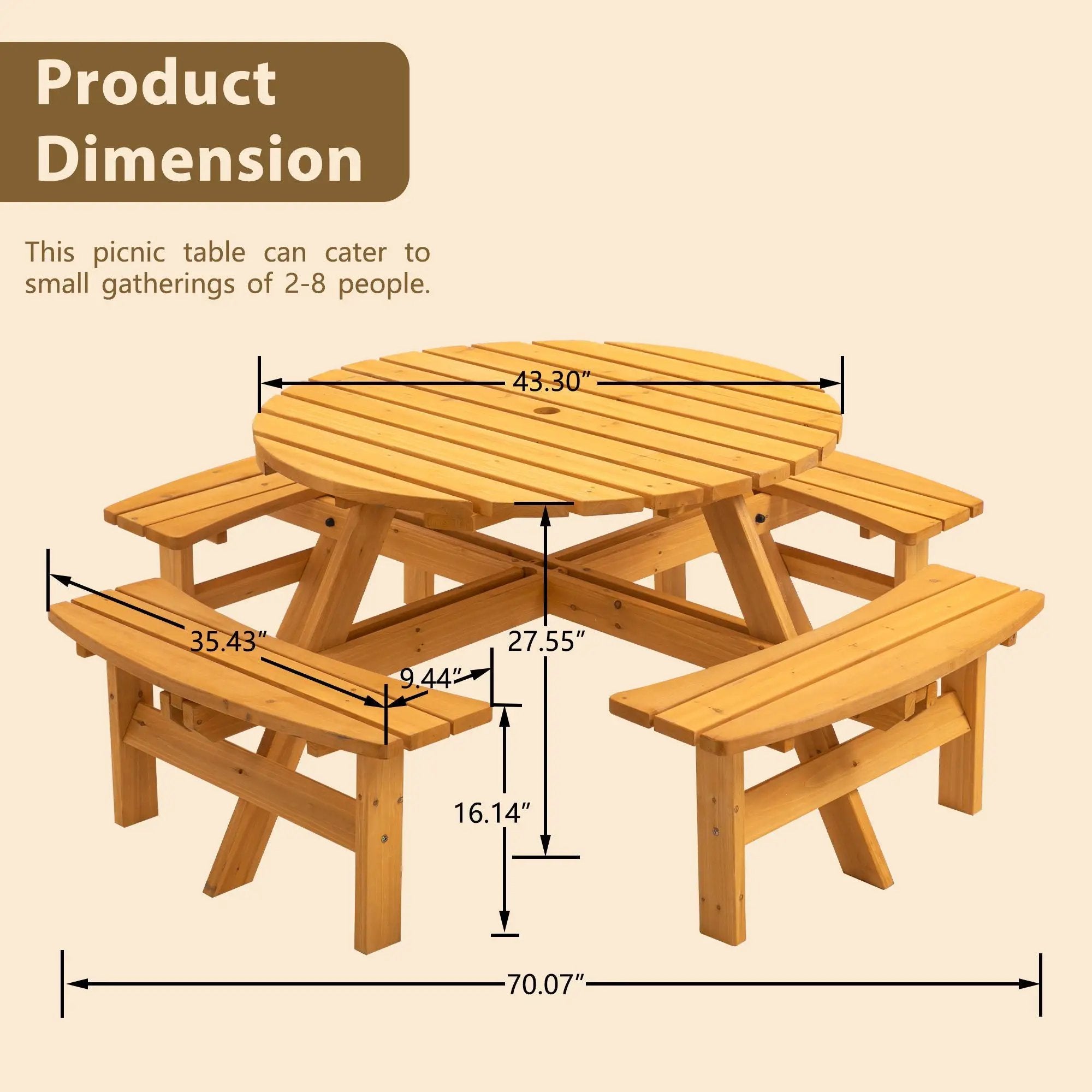 8 Person Wooden Picnic Table, Outdoor Camping Dining Table With Seat, Garden, Diy With 4 Built-In Benches, 2220Lb Capacity by Unique Piece Furniture