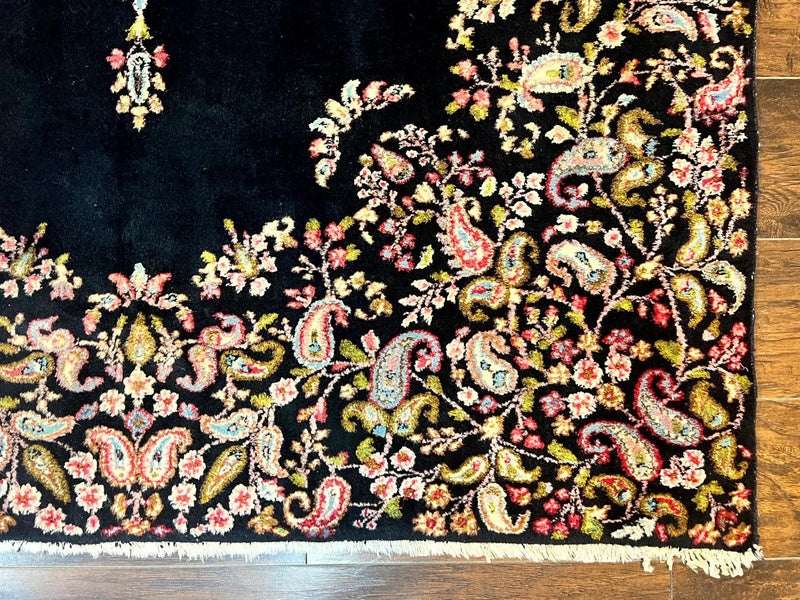 Antique Persian Kirman Rug 5x8, Floral Kirman, Midnight Blue/Black, Semi Open Field, Handmade Vintage Wool Carpet by Jewel Rugs