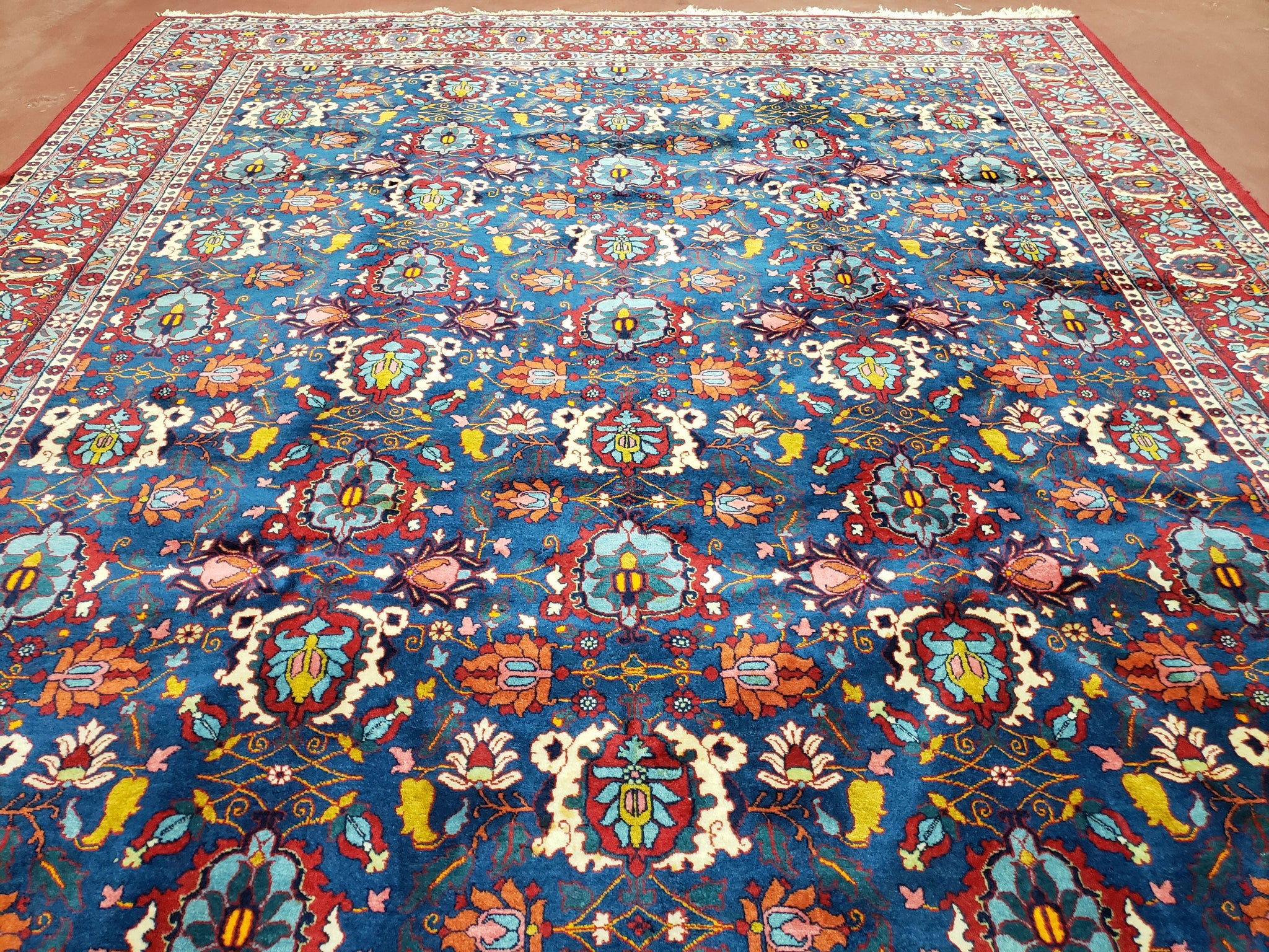 Rare Antique Persian Veramin Carpet, Mina-Khani Pattern, Blue, Red, Ivory, 7x11 ft, Hand-Knotted, Wool by Jewel Rugs