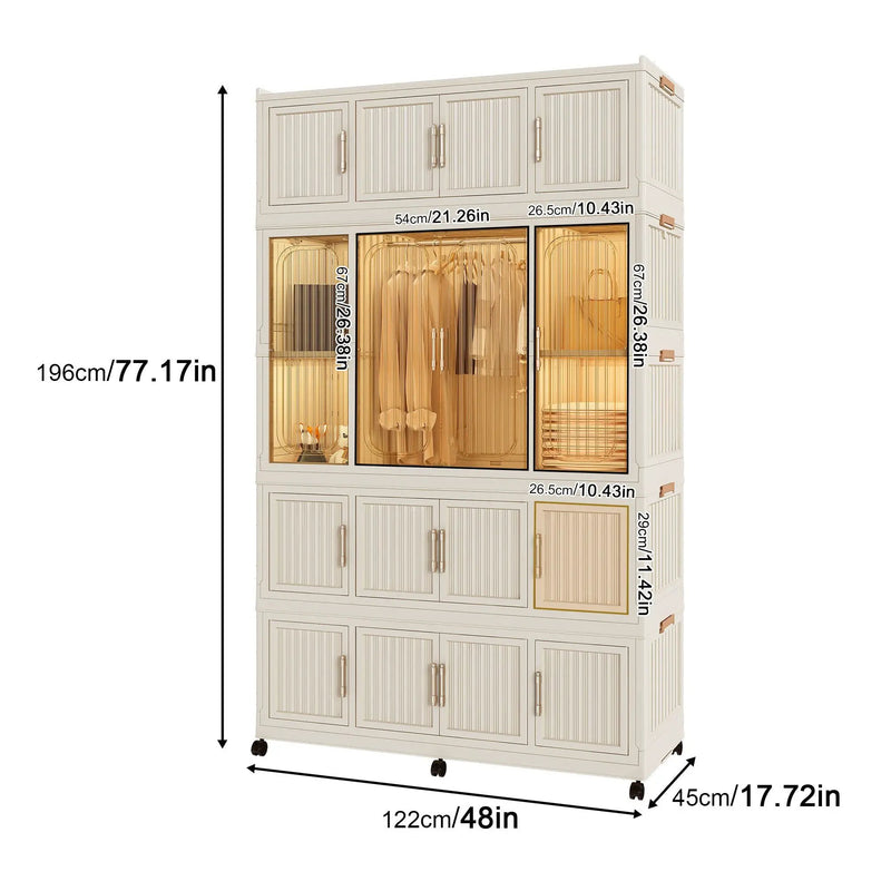 Portable Wardrobe Closet Storage Organizer With 17 Magnetic Doors, 17 Cubes, Hanging Rod & 6 Hangers - Creamy White by Unique Piece Furniture