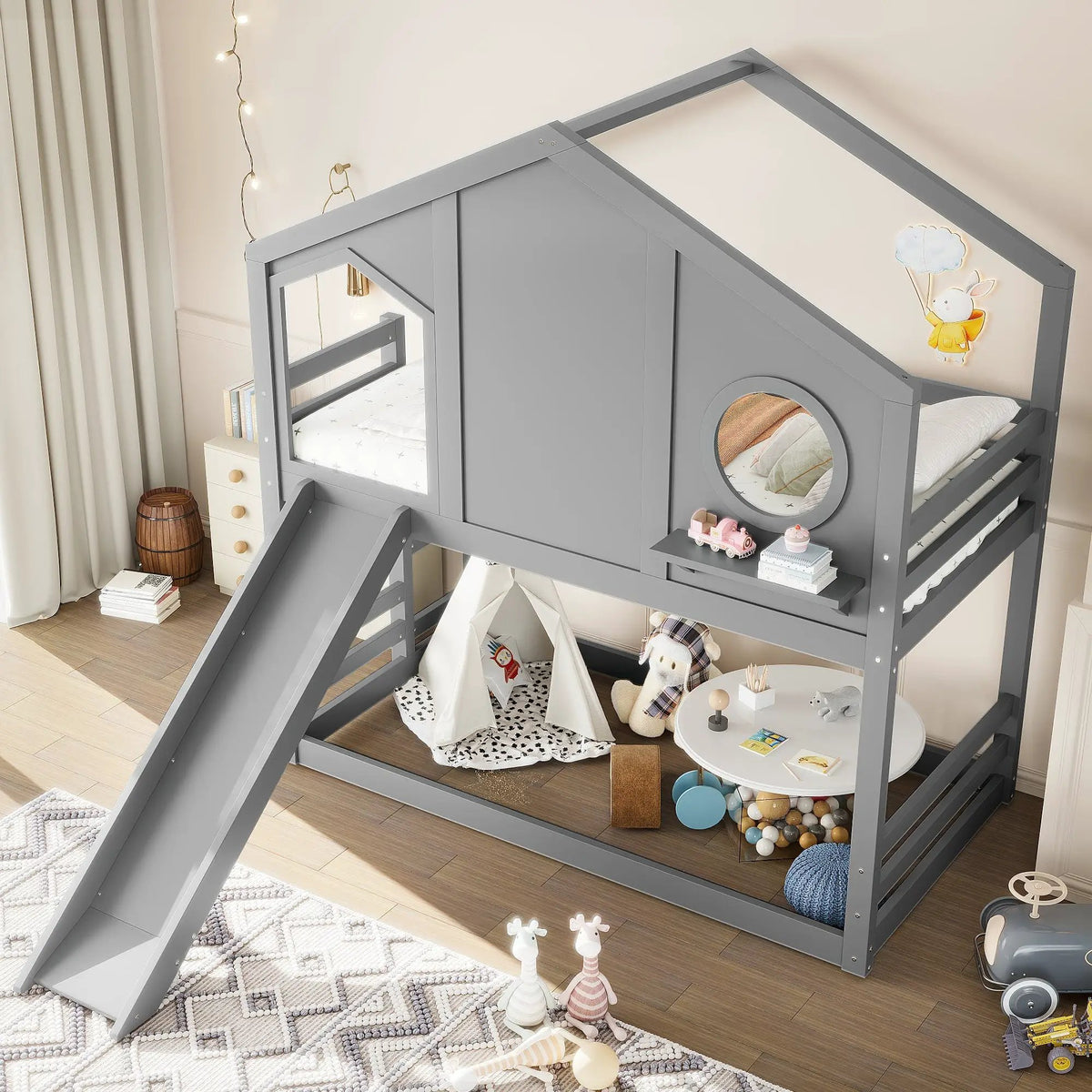 Twin House Bunk Bed with Slide and Storage Shelves by HouseOfZazla