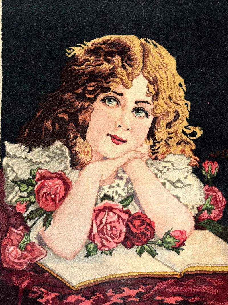 Small Persian Tabriz Pictorial Rug of Young Girl, Very Fine 380 KPSI, Portrait of Young Lady with Roses, Handmade, Persian Rug for Wall Hanging by Jewel Rugs