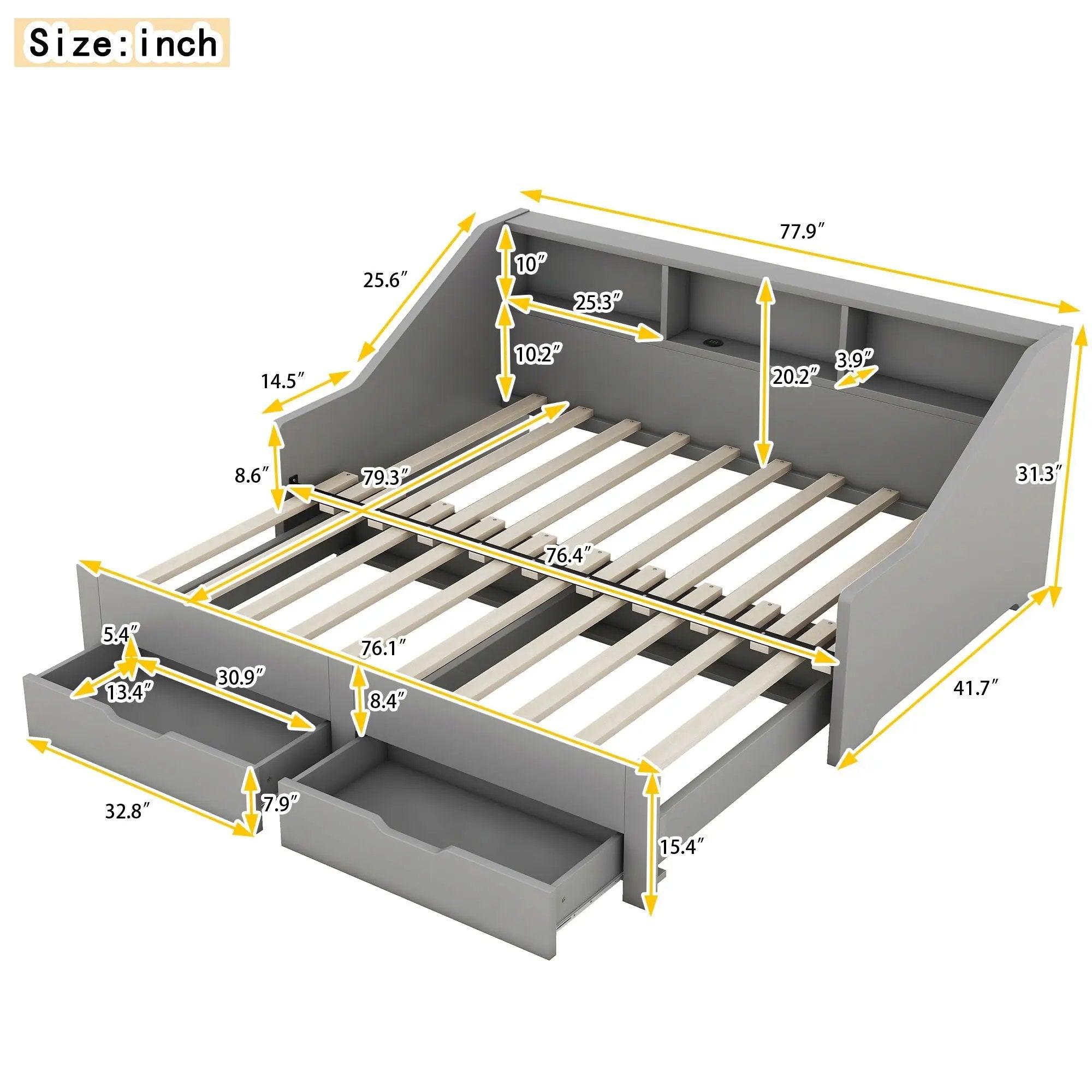 Daybed Frame With Storage Bookcases, 2 Drawers, Charging Station by Unique Piece Furniture