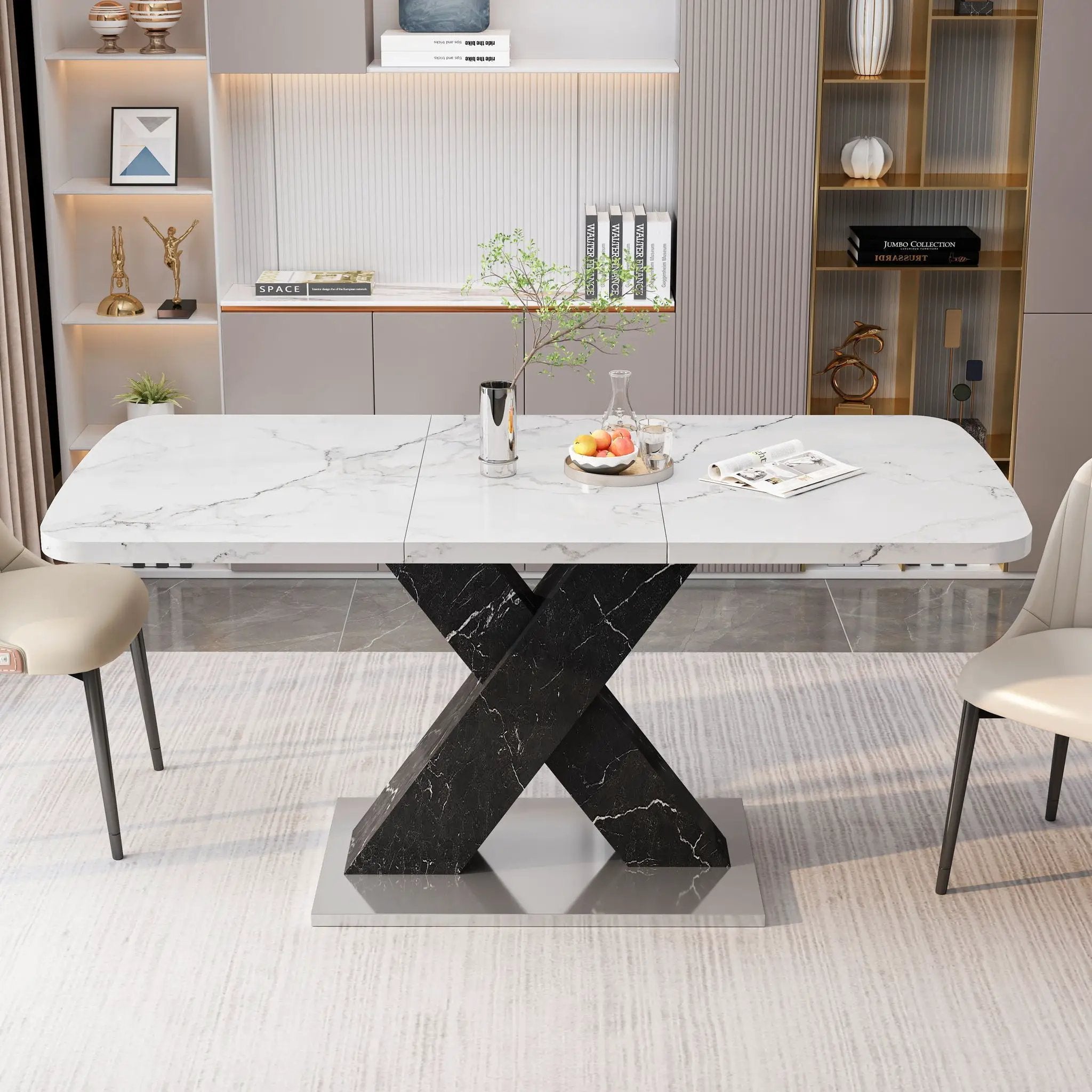 Rectangle Dining Table With Stretchable Top, X Shape Mdf Legs With Steel Base - White / Black by Unique Piece Furniture