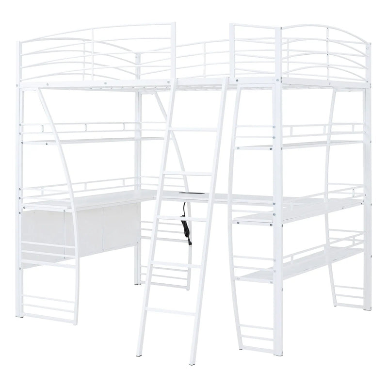 Loft Bed With 4 Layers Of Shelves And L-Shaped Desk, Stylish Metal Frame Bed With A Set Of Sockets, USB Ports And And Wireless Charging by Unique Piece Furniture