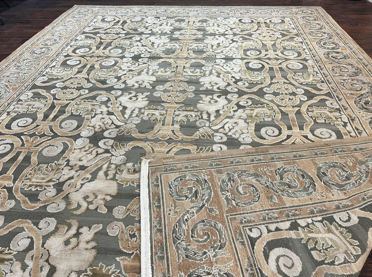 Spanish Rug 11x14, Wool Hand Knotted Vintage Carpet, Olive Green and Beige, Floral Allover, European Design, 11 x 14 Rug by Jewel Rugs