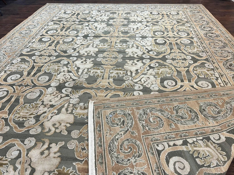 Spanish Rug 11x14, Wool Hand Knotted Vintage Carpet, Olive Green and Beige, Floral Allover, European Design, 11 x 14 Rug by Jewel Rugs