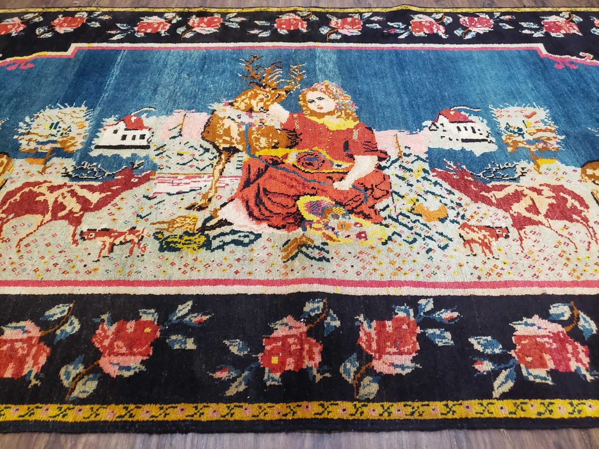 Antique Persian Pictorial Rug 4'6" x 9', Wool Hand-Knotted Blue Roses Karabagh Caucasian Carpet, 1920s Girl Deer Tapestry Wall Hanging Rug by Jewel Rugs