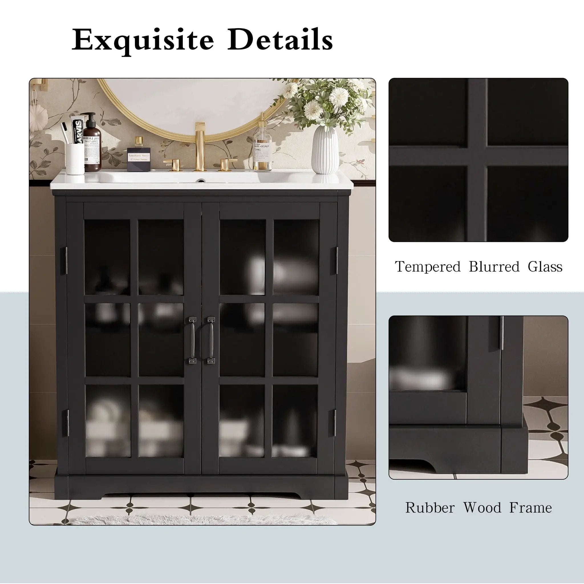 Modern Bathroom Vanity With Ceramic Sink, Tempered Blurred Glass Doors by HouseOfZazla