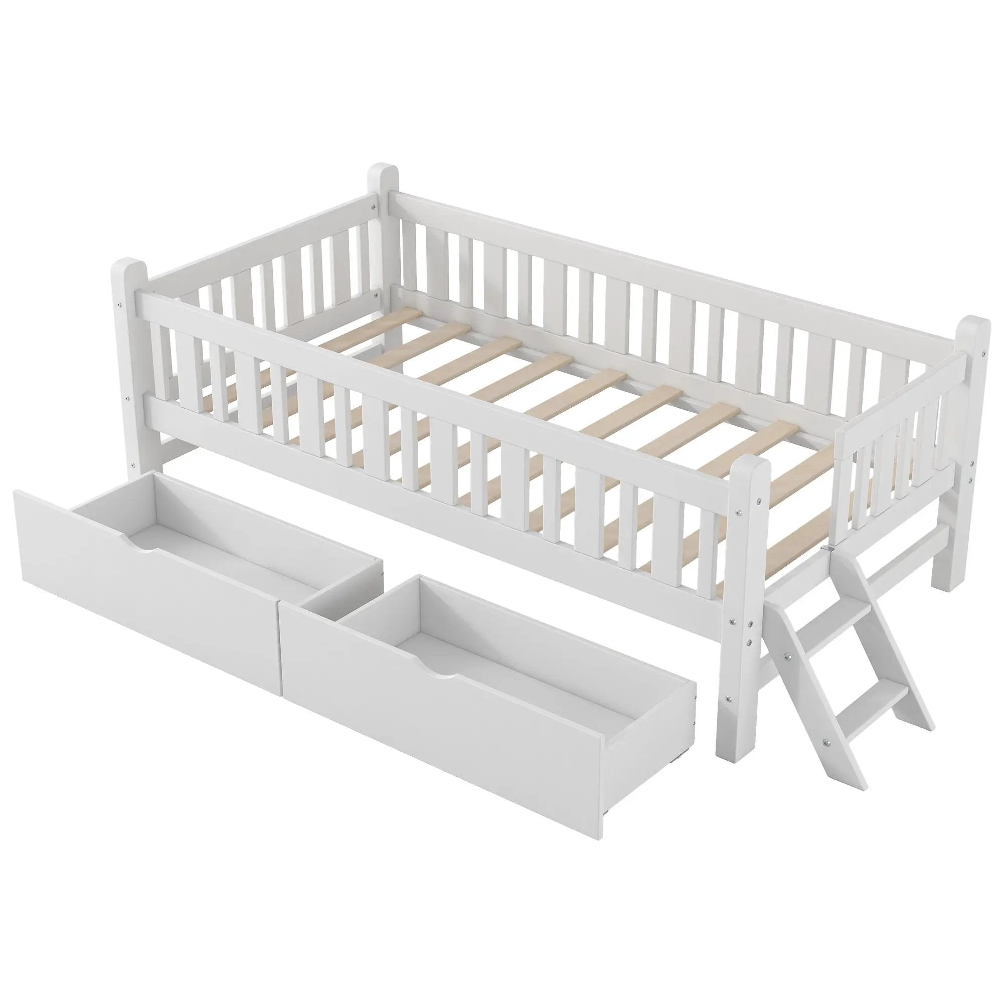 Platform Bed With Guardrail And 2 Drawers