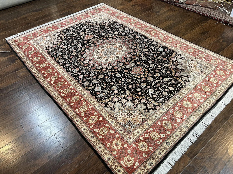 Marvelous Persian Tabriz Rug 7x10 ft, Super Fine 50 Raj, 300+ KPSI, Black and Rust Red, Floral Medallion Handmade Wool Oriental Carpet, Top Quality by Jewel Rugs