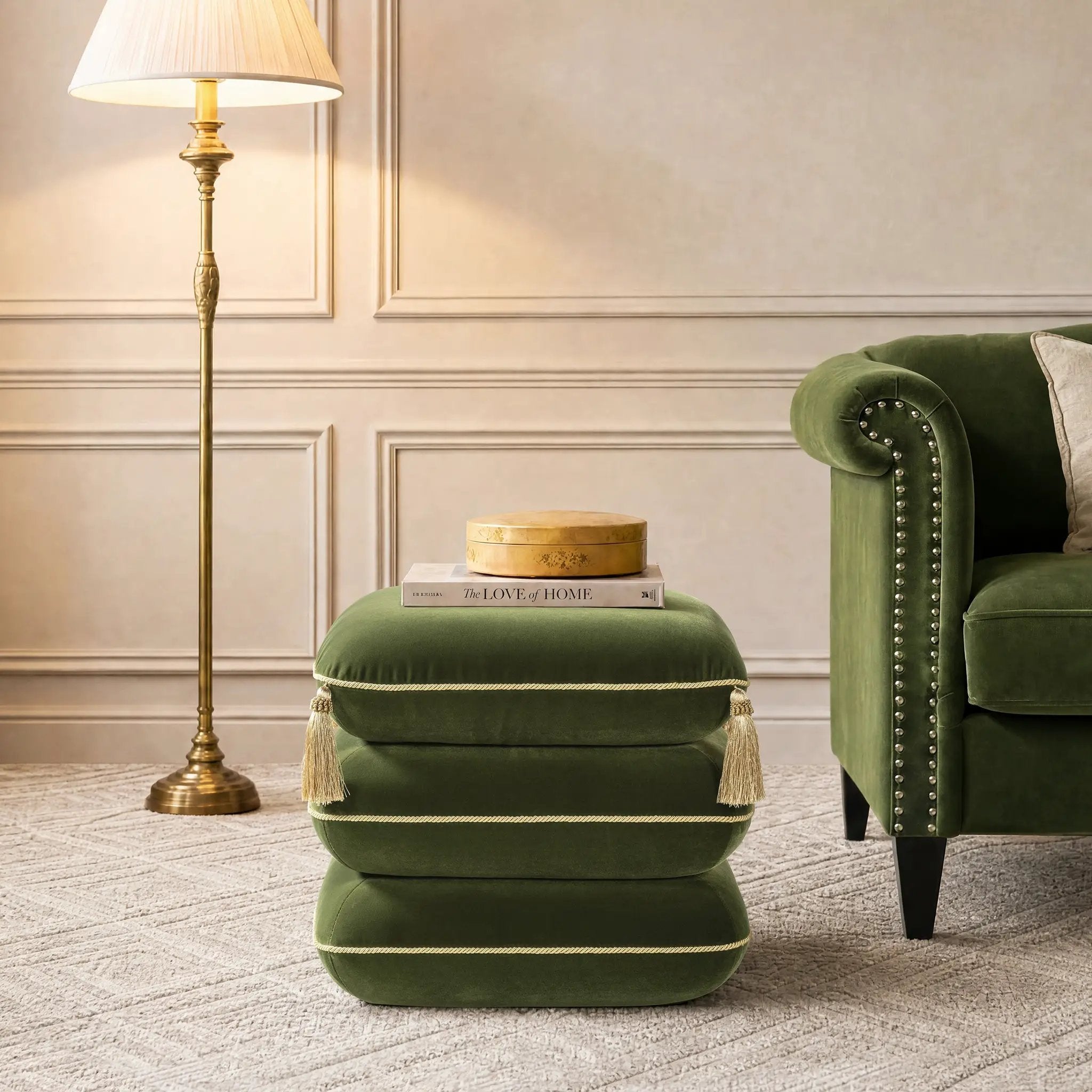 Monarch 19.5" Tassled Ottoman, Olive by HouseOfZazla