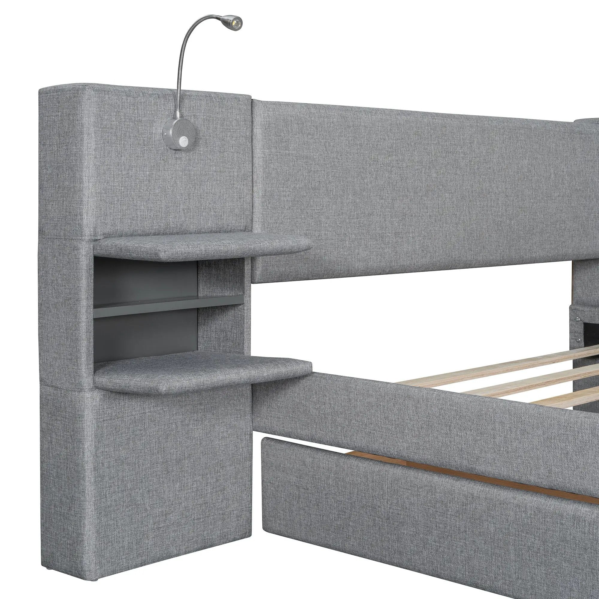 Upholstered Platform Bed With Reading Lights, Drawers, Trundle And Shelves by HouseOfZazla