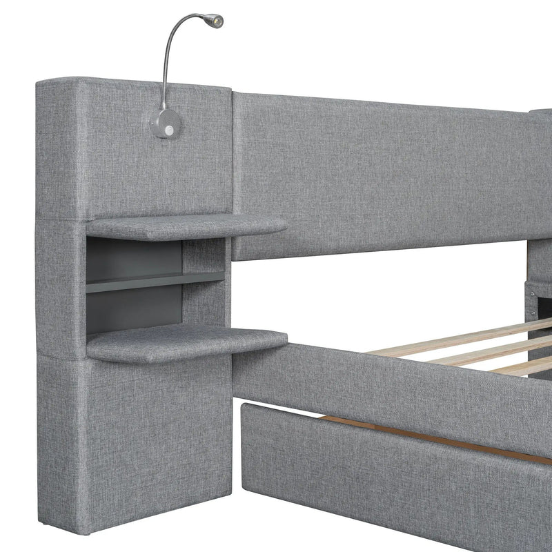 Upholstered Platform Bed With Reading Lights, Drawers, Trundle And Shelves by HouseOfZazla