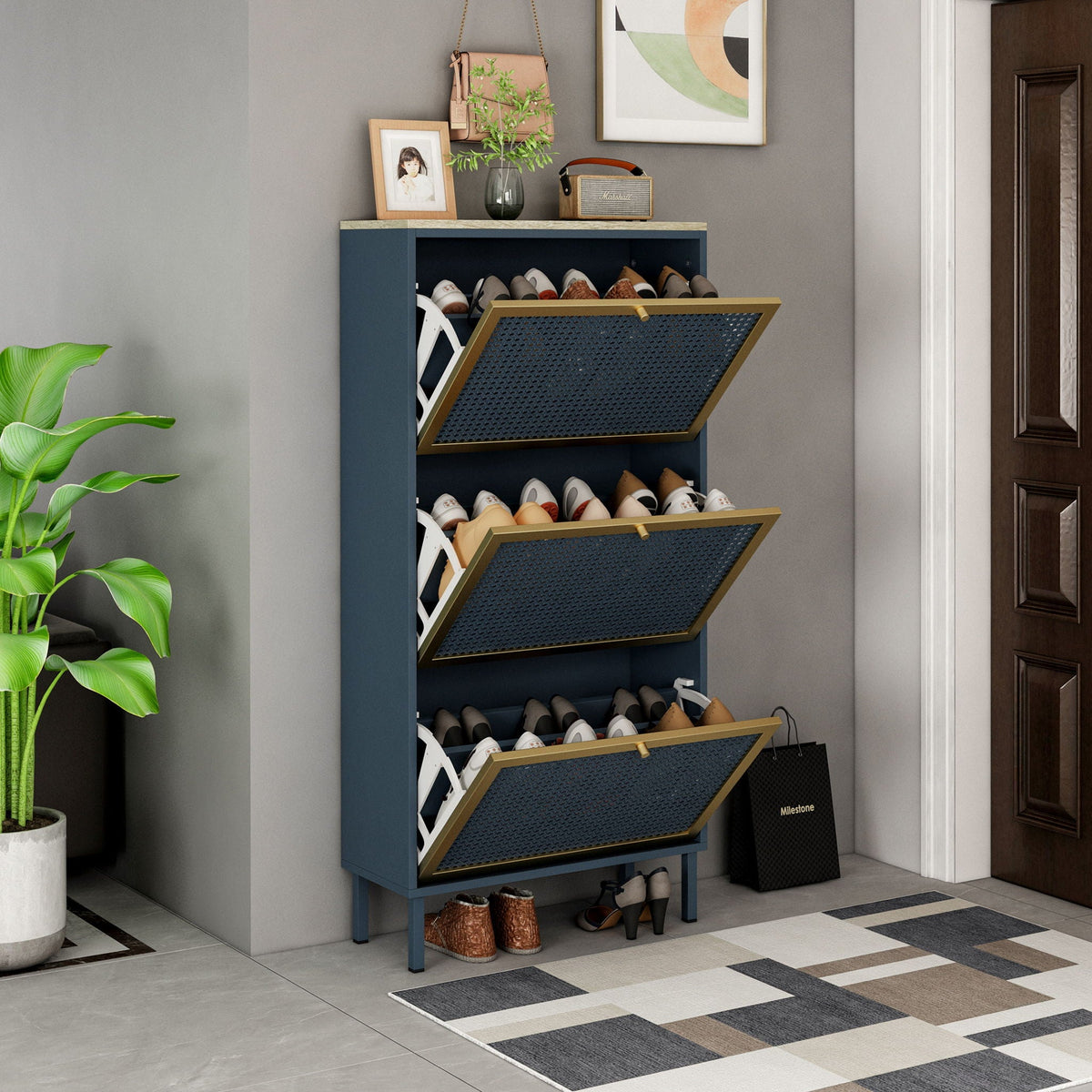 Modern Rattan 3 Door Shoe Rack Cabinet For Entryway, photo 13 of 14