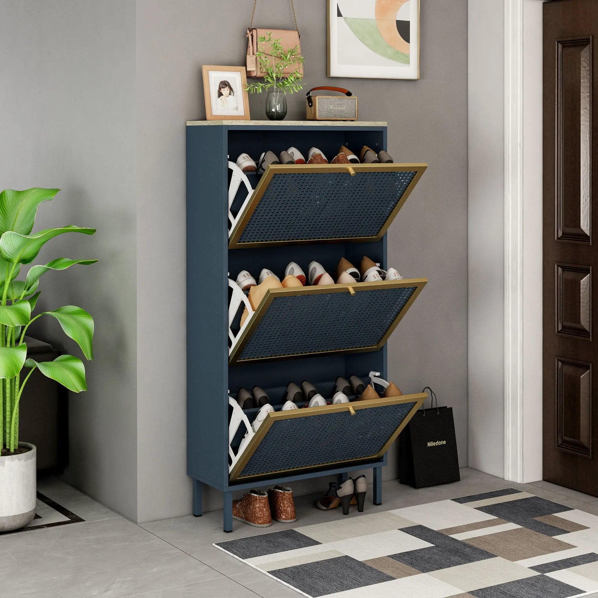 Modern Rattan 3 Door Shoe Rack Cabinet For Entryway by Unique Piece Furniture