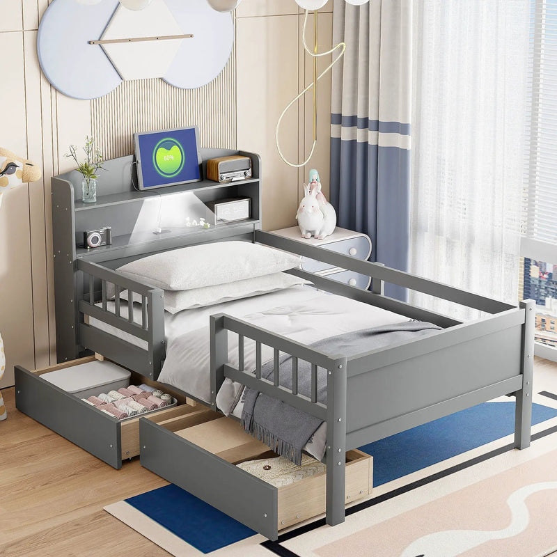 Platform Bed With LED Light, Multi Functional Headboard, Guardrail And 2 Drawers by Unique Piece Furniture