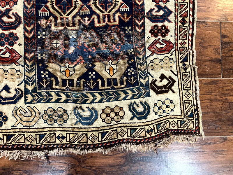 Antique Caucasian Kazak Rug 2.5 x 4, Navy Blue and Ivory, Hand Knotted Handmade Wool Rug by Jewel Rugs