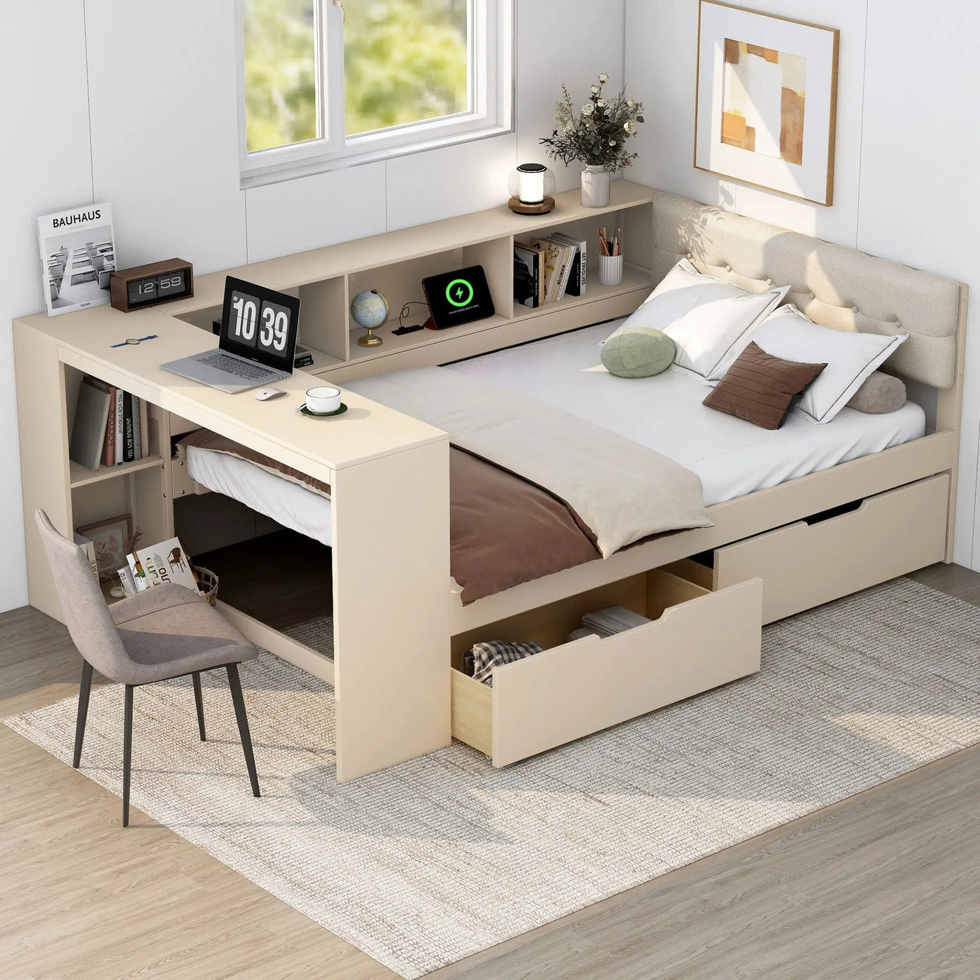 Upholstered Headboard Platform Bed With Storage Shelves, Drawers, Charging Station by HouseOfZazla