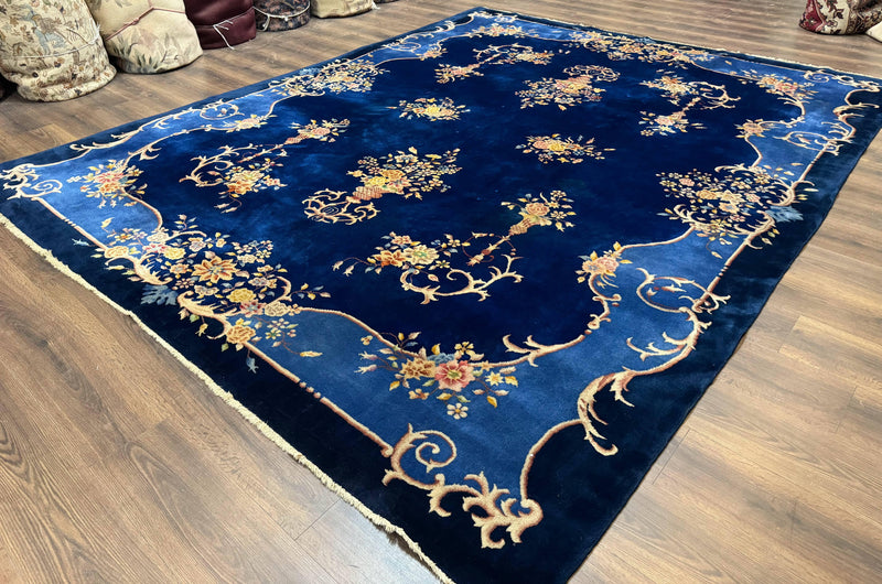 Blue Chinese Art Deco Rug 9x12, Vintage Antique Chinese Wool Rug, Chinese Fette Rug by Jewel Rugs