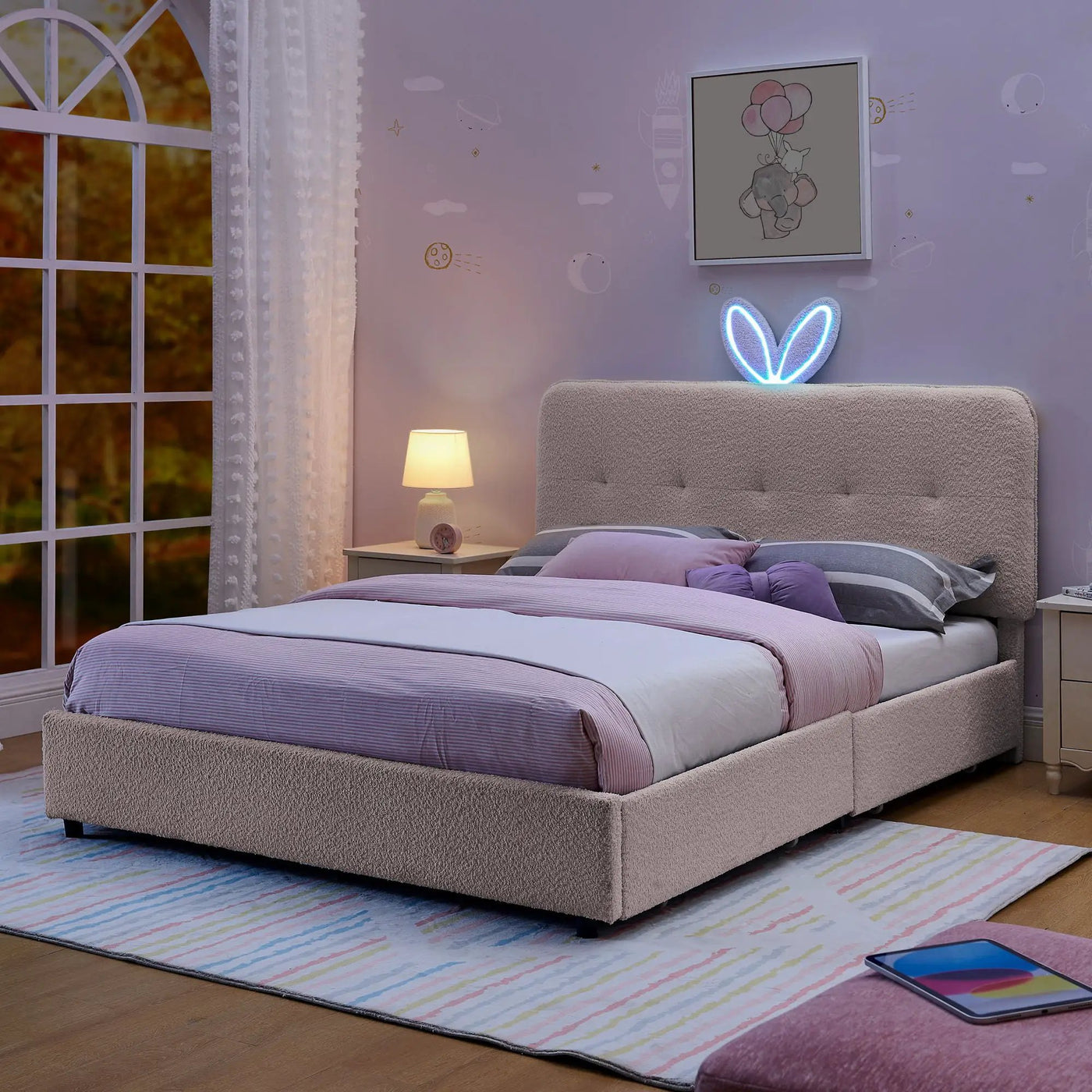 Upholstered Bed With Oversized Rabbit Ear Headboard, LED Lights & 4 Storage Drawers by HouseOfZazla