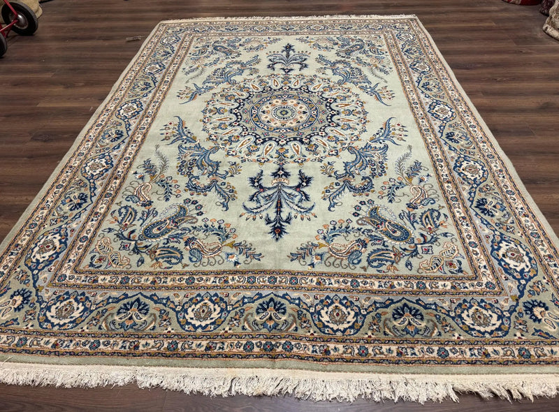Light Green and Blue Persian Kashan Rug 7x10, Authentic Persian Carpet, Handmade, Wool by Jewel Rugs