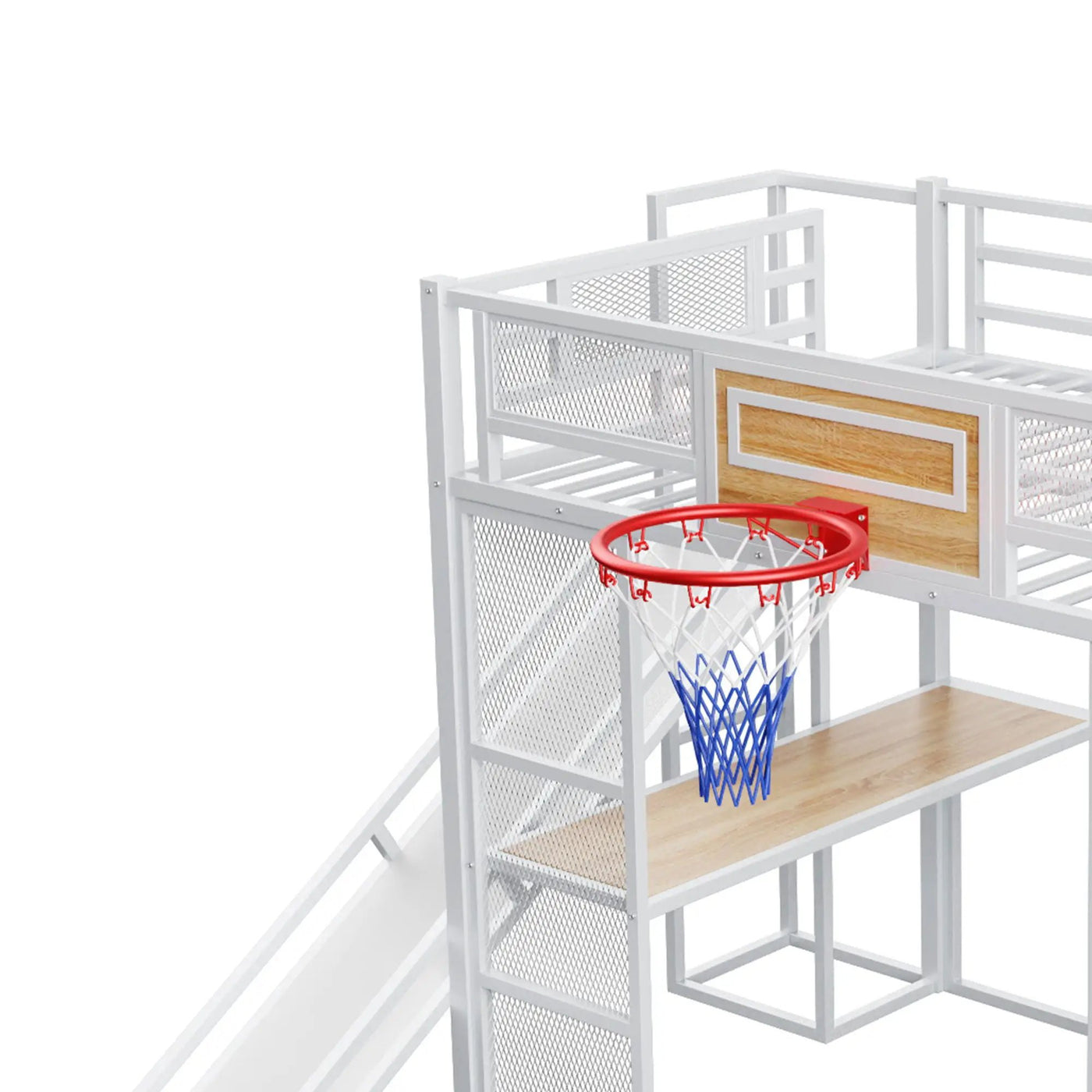 Loft Bed With Built In Desk, Open Wardrobe, Basketball Hoop, Slide And Staircase by HouseOfZazla