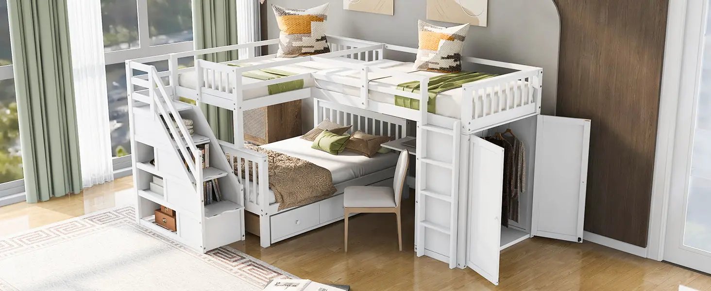 L Shaped Bunk Bed With 3 Drawers, Portable Desk And Wardrobe by HouseOfZazla