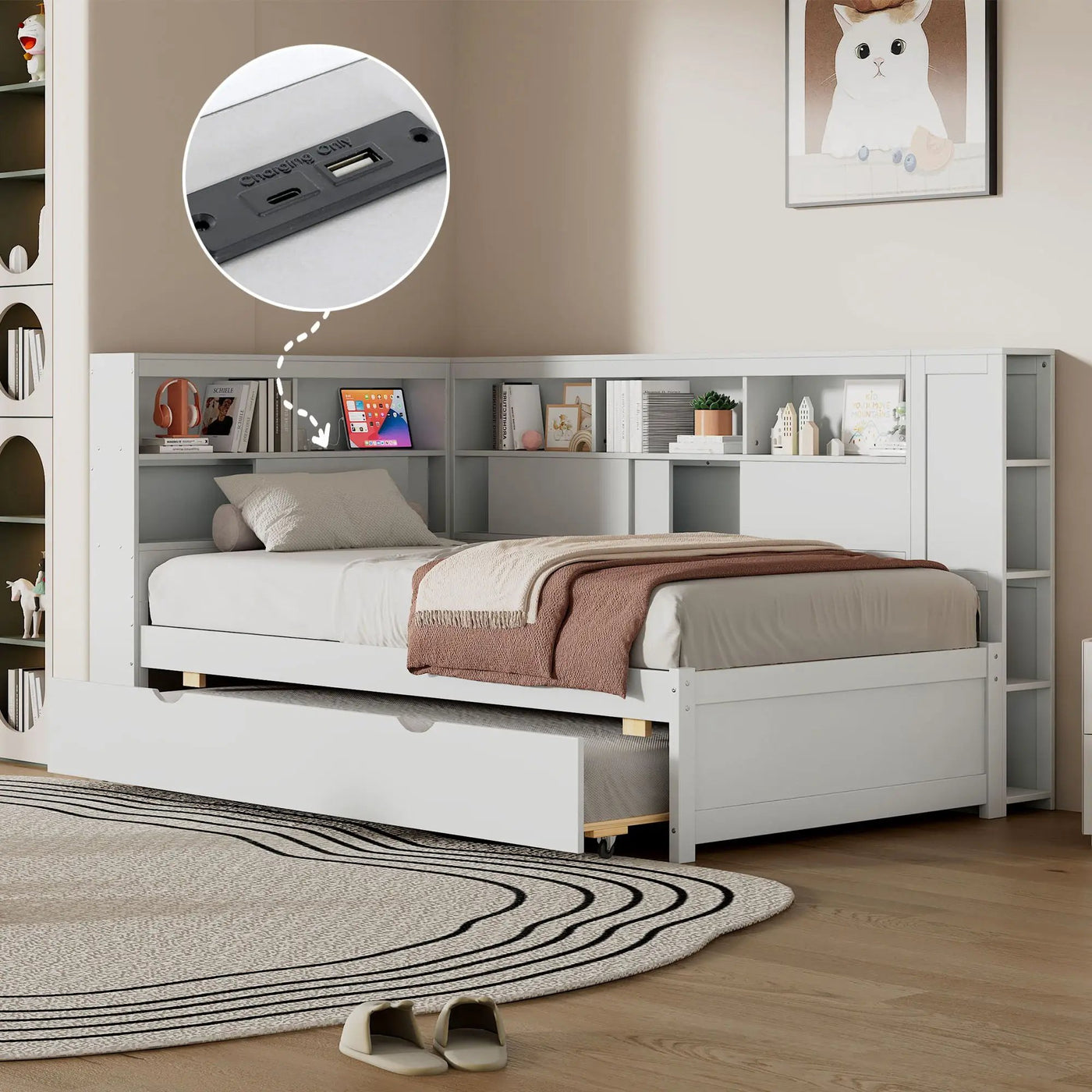 Daybed With Storage Shelves, USB Charging, And Trundle Bed by Unique Piece Furniture