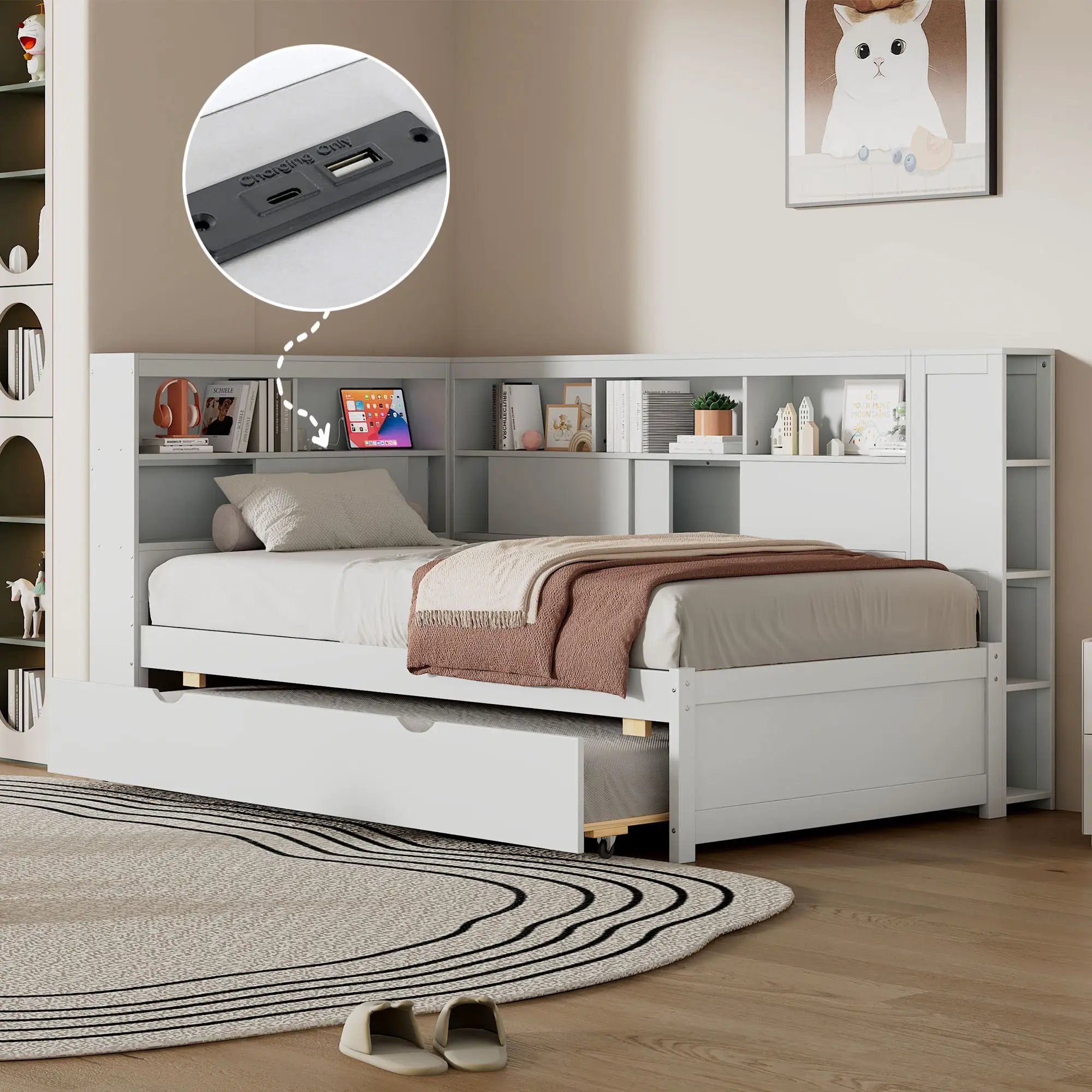 Daybed With Storage Shelves, USB Charging, And Trundle Bed by HouseOfZazla