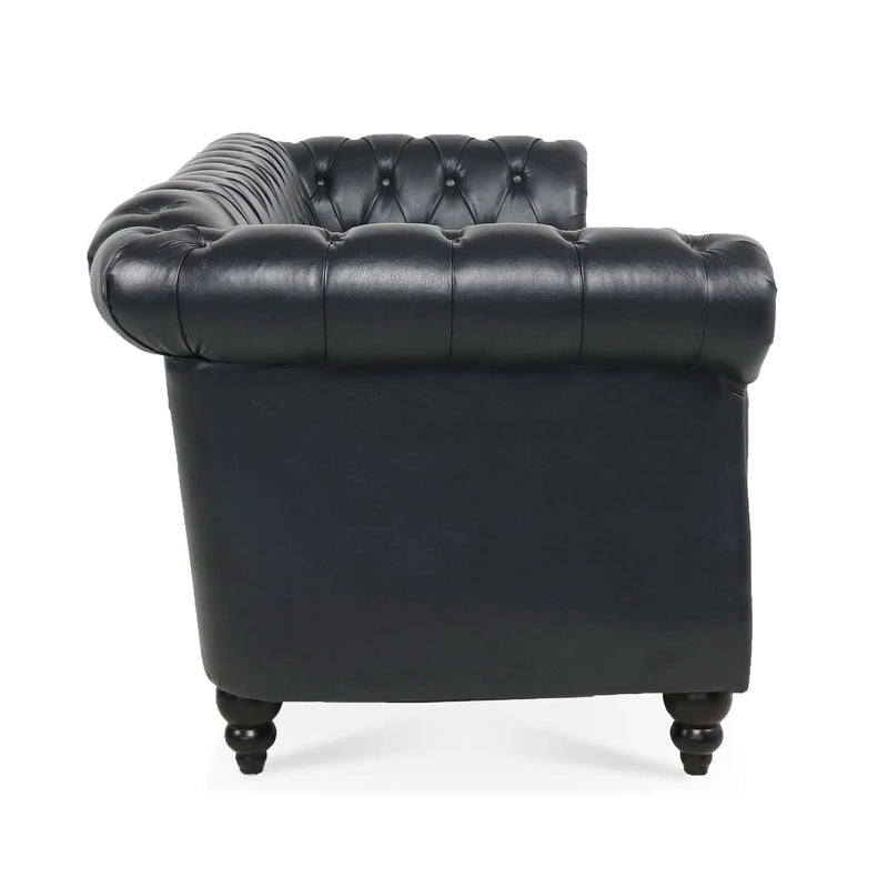84.65" Black PU Rolled Arm Chesterfield Three Seater Sofa by HouseOfZazla