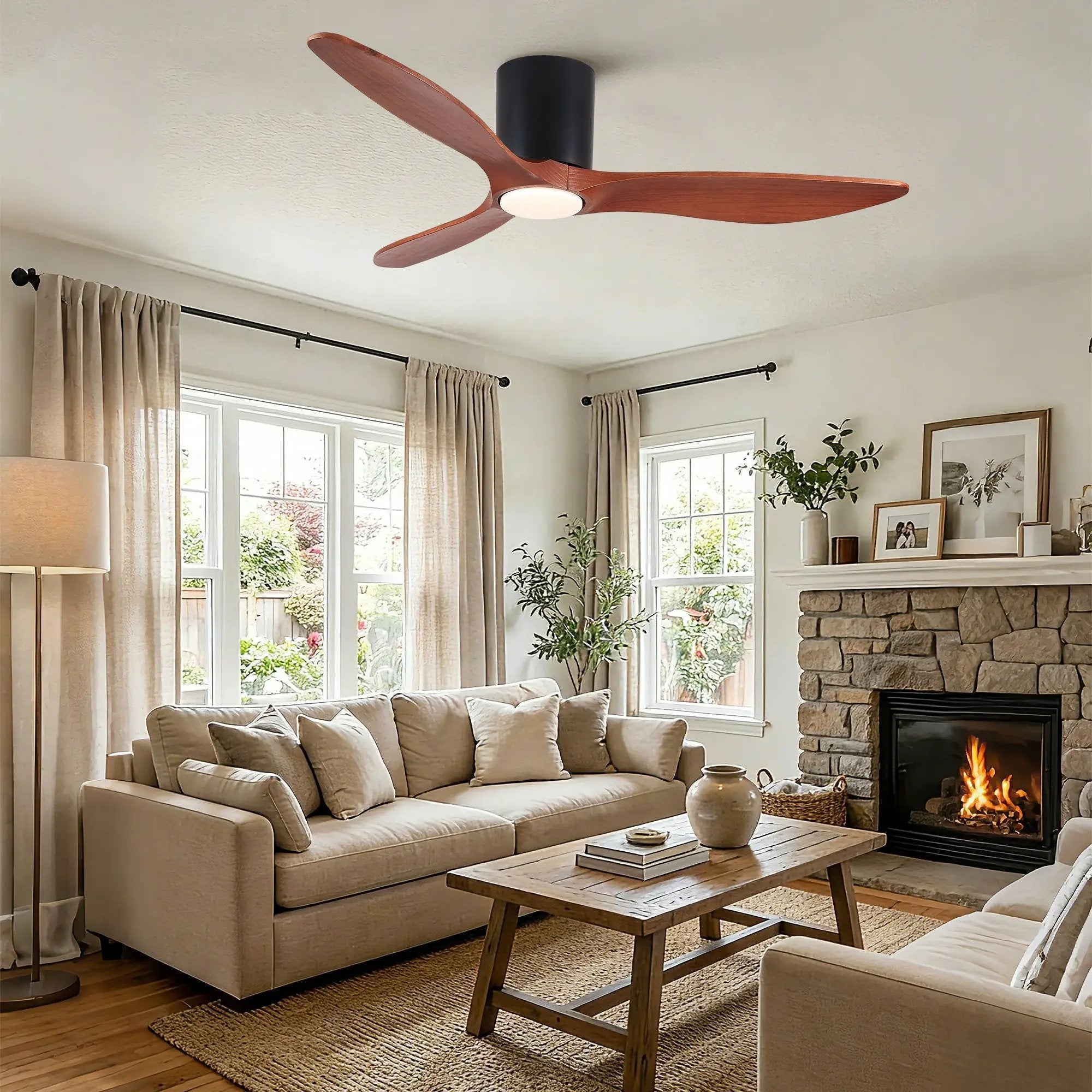 Low Profile Flush Mount Ceiling Fan With Light And Reversible Quiet Motor - Matte Black by Unique Piece Furniture