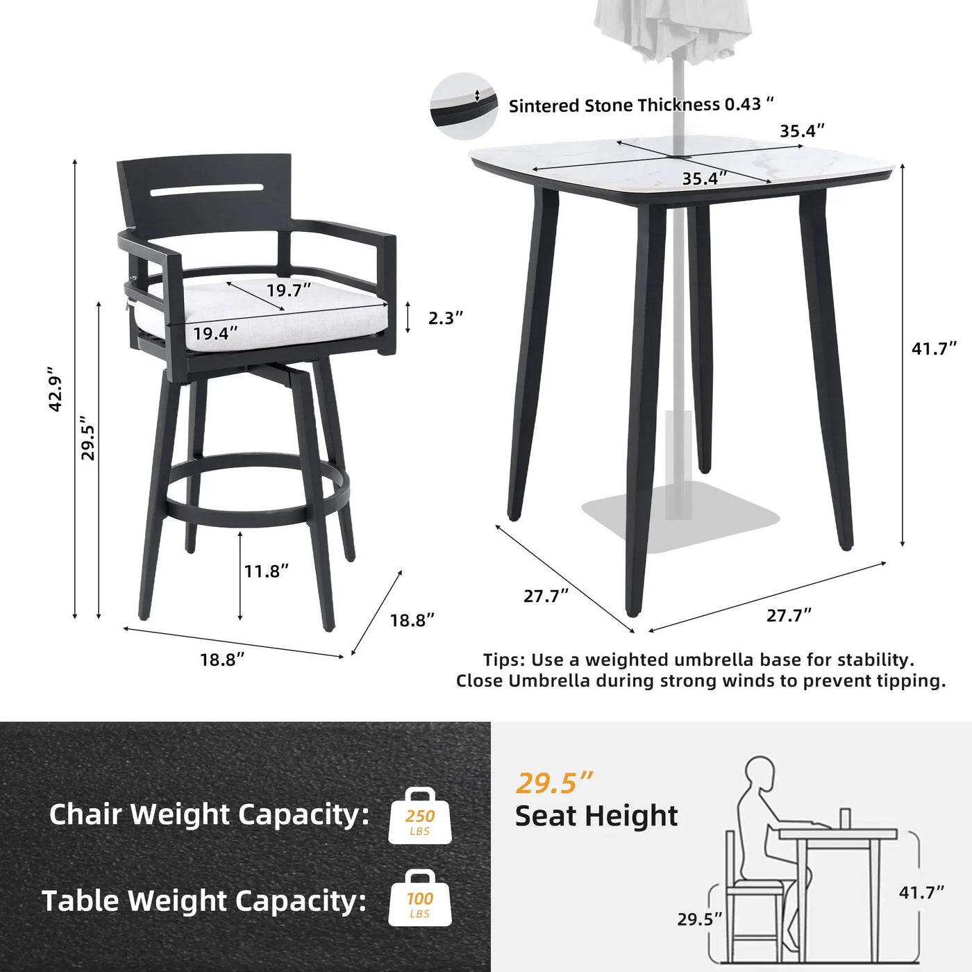 Modern Outdoor Patio Bar Set, Rounded Square Table & Bar Chairs, Non Rust Frame, Tapered Legs, Sunbrella Cushion by HouseOfZazla