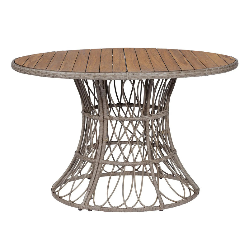 5-Piece Outdoor Dining Set: Brown Round Acacia Wood Table & 4 Brown Wicker Armchairs by HouseOfZazla