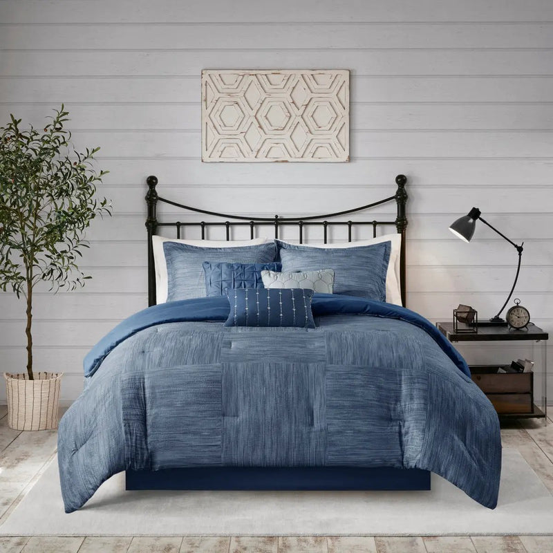 7 Piece Printed Seersucker Comforter Set Navy Queen by HouseOfZazla