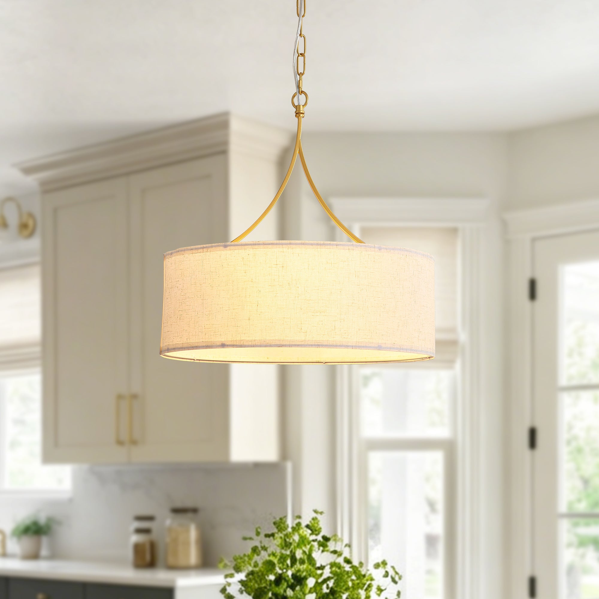 3-Light Gold Fabric Drum Pendant Light by HouseOfZazla